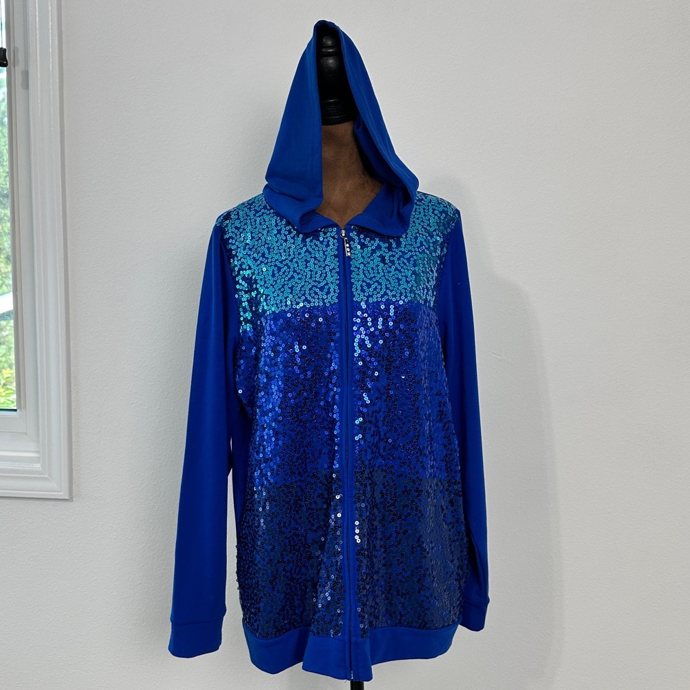 QVC Quacker Factory Sequin Ombre Hoodie Womens Size M Blue Full Zip Excellent